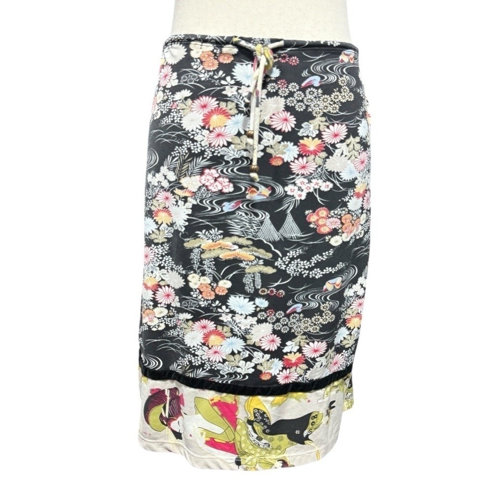 Weavers Girl Asian Y2K Skirt Medium * Pull On Floral Stretch Geisha Japanese VTG